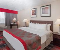 hotel room with red accents