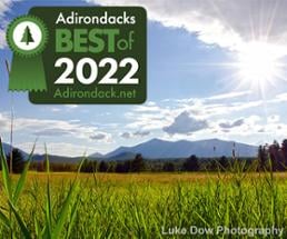 sunny field with adirondack mountains in the background