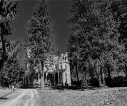 a black and white image of a mansion on a hill