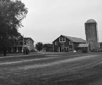 black and white image of a farm