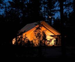 glamping tent at night