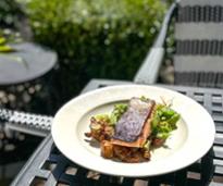 salmon dish on patio