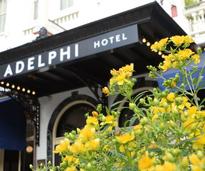yellow flowers in foreground, Adelphi Hotel in background