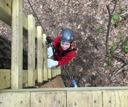 boy climbing a ladder at an aerial adventure course