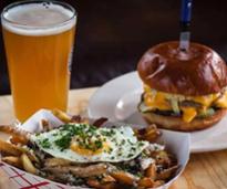 burger, fries, and beer