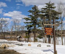 carters pond sign in winter