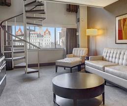 spacious living room in a hotel room