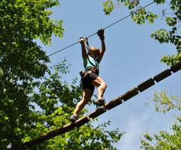 person crossing treetop obstacle