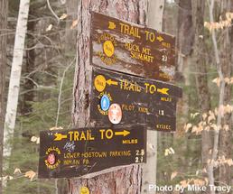 three hiking trail signs