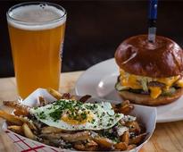 burger, beer, and fries