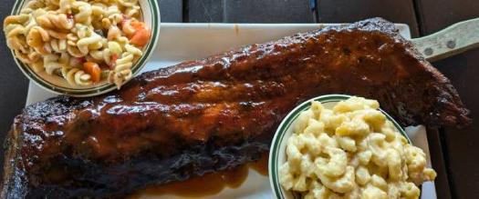 ribs, pasta salad, and mac and cheese