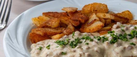country fried steak and breakfast potatoes