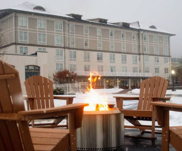 fire pit in front of hotel