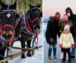 split image with horses on the left and family in winter on the right
