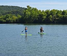 two people stand up paddleboarding on a lake