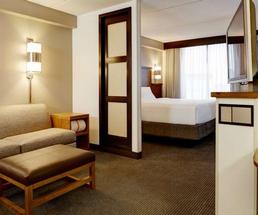 hotel room with bed, couch, and other amenities
