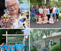 collage of four photos, older adult with cocktail, two groups of people posing, and cabins