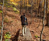 man and toddler hike in fall