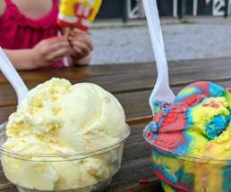 scoops of banana cream ice cream and rainbow