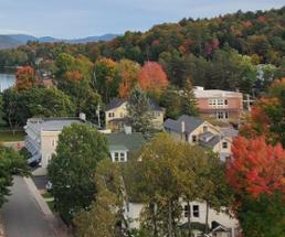 aerial view of saranac lake in fall