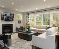 a living room with a fireplace