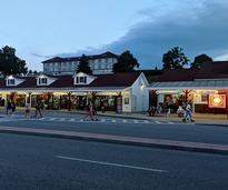 exterior of shops in lake george at dusk