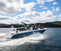 a motorboat on a lake