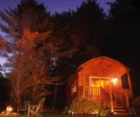 a cabin at night