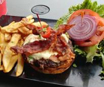 burger with bacon and fries