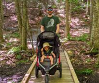 dad with toddler in stroller on hiking path