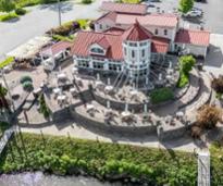 aerial view of a waterfront restaurant