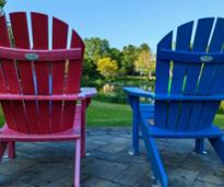 adirondack chairs by pond in park