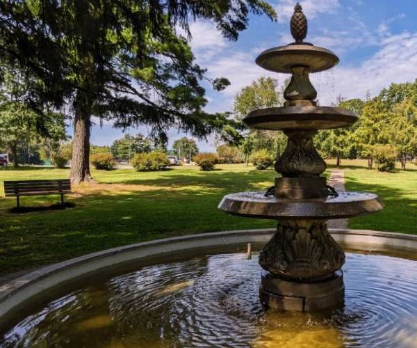 fountain and bench in crandall park