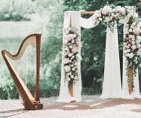 harp next to wedding alter