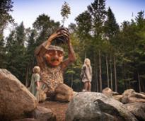 Patrick Sapling troll sculpture surrounded by Adirondack forest at The Wild Center in Tupper Lake.