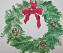 drawing of a wreath with pinecones and a red bow