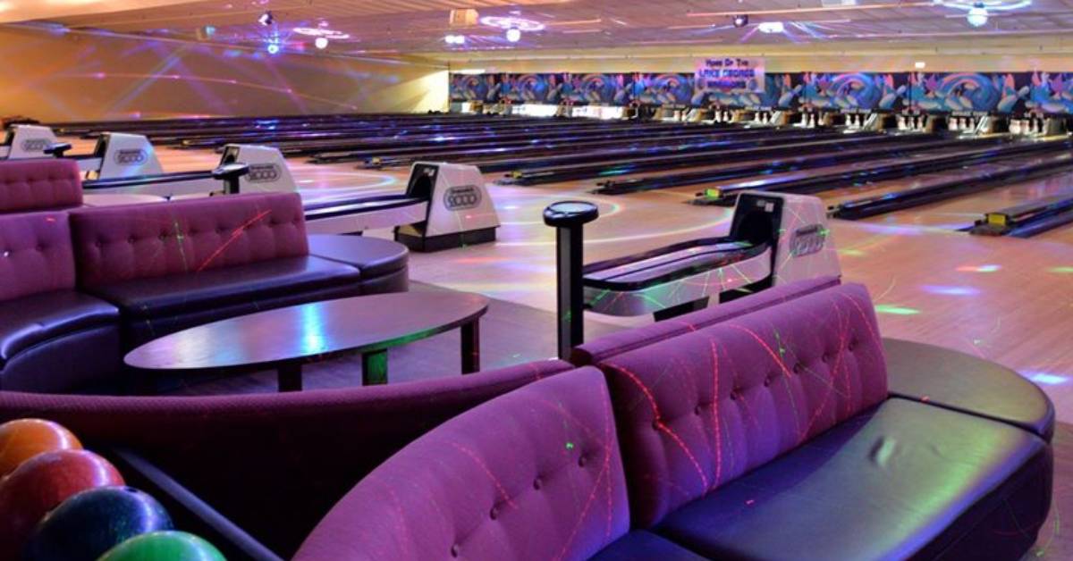 seating area and bowling alley lanes