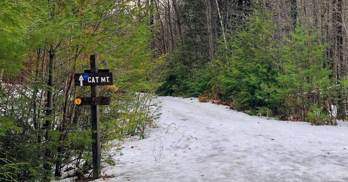 Cat Mountain trail sign in the winter