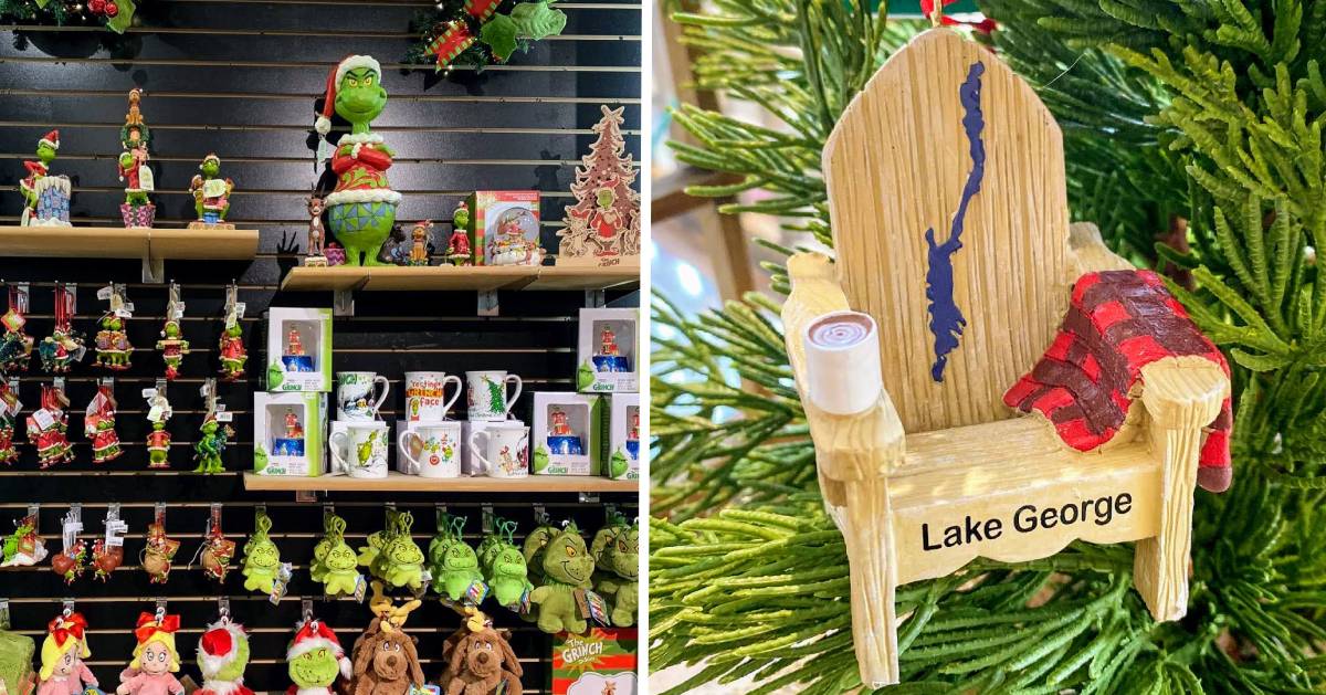 split image with Grinch Christmas items on the left and a Lake George ornament on the right