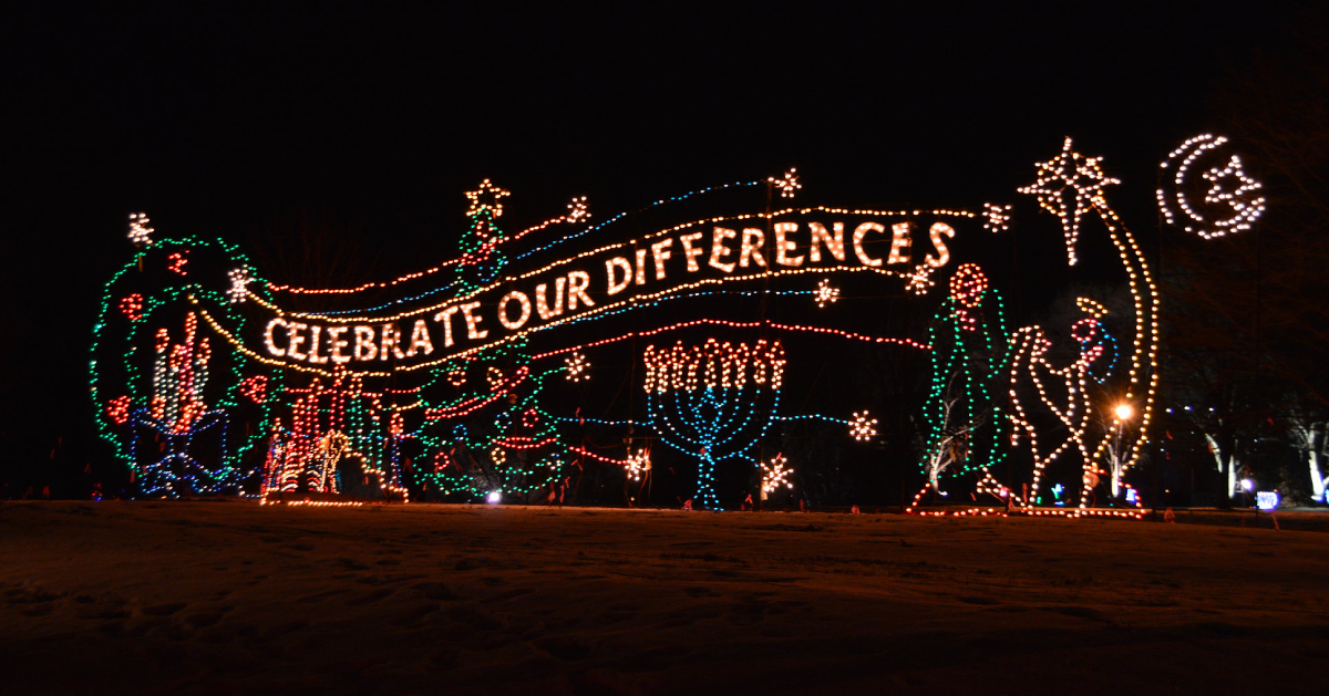 holiday light display that says celebrate our differences