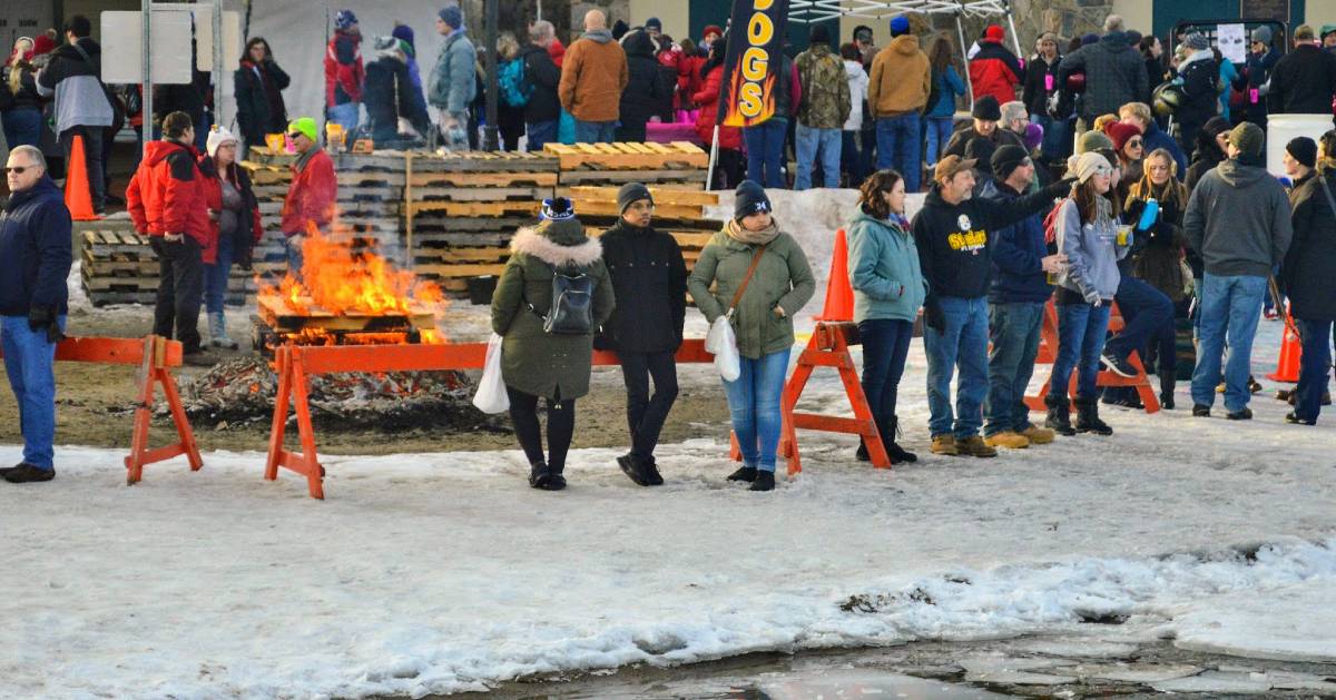 bonfire by frozen lake