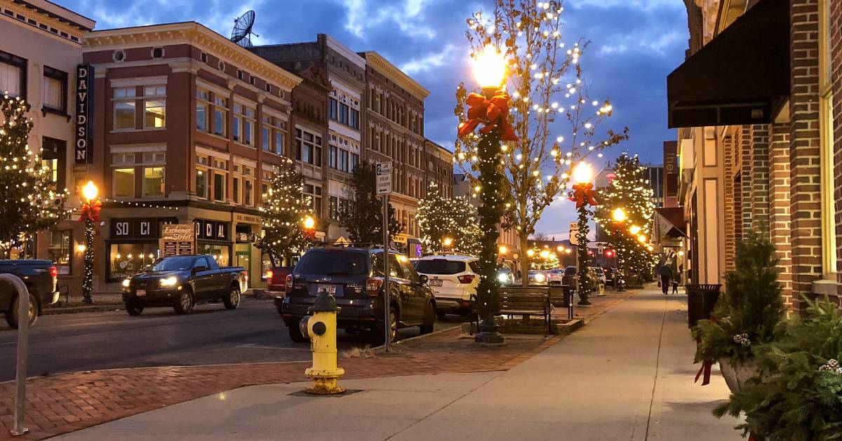 street at night with Christmas lights