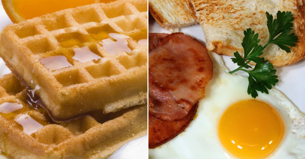 image of waffles and an image of eggs and toast