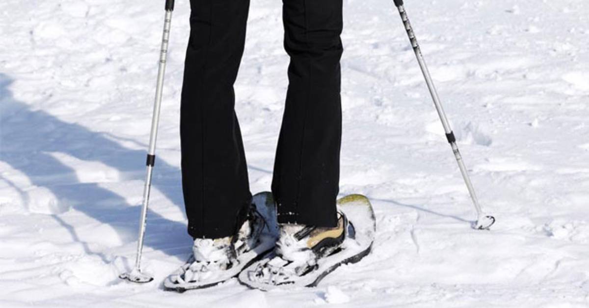 close up of snowshoes with walking poles