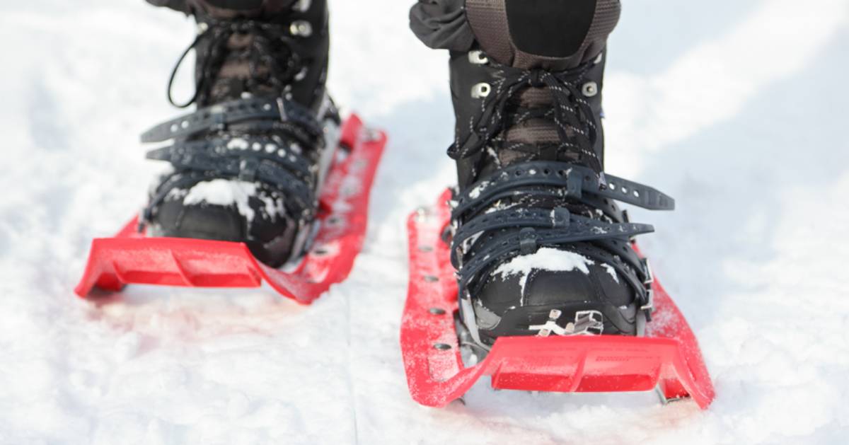 close up of red snowshoes