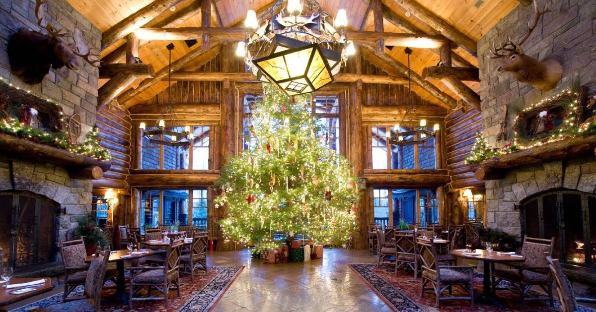 christmas tree inside a rustic dining room