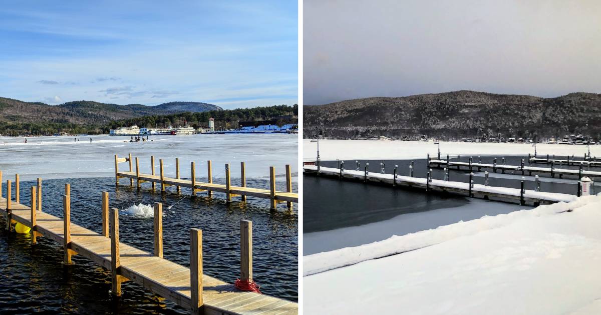 split image of different photos of docks in the winter