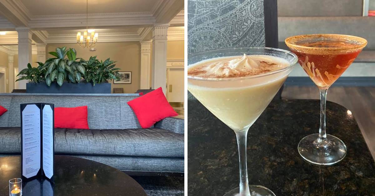 split image with couch on left and cocktails on right
