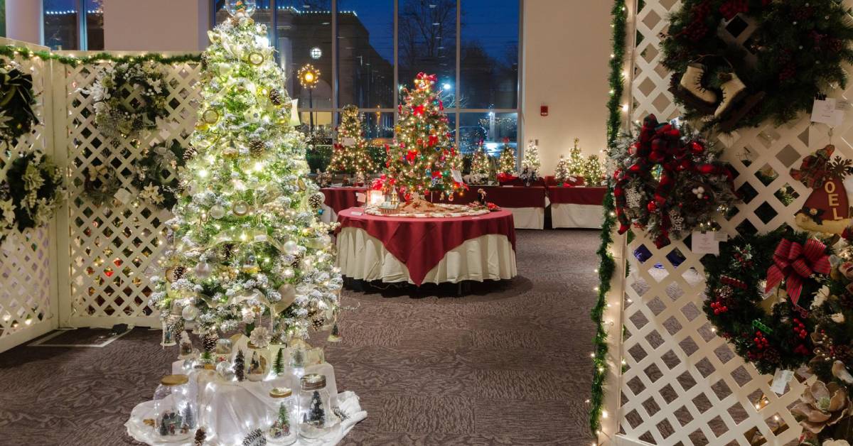 christmas trees and holiday wreaths in a room