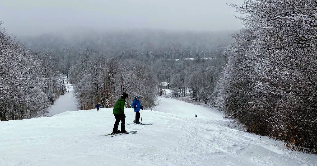 people downhill skiing